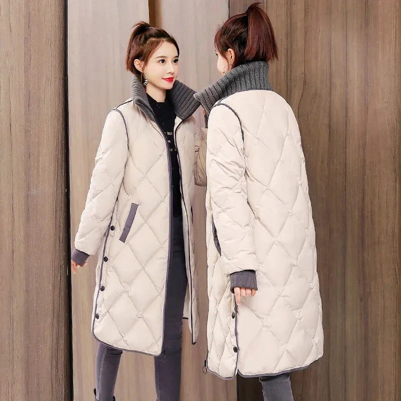 Winter Knit Stand Collar Long Parkas Women Korean Fashion 4xl Oversize Snow Overcoat Zip Up Vintage Design Warm Cotton Jackets