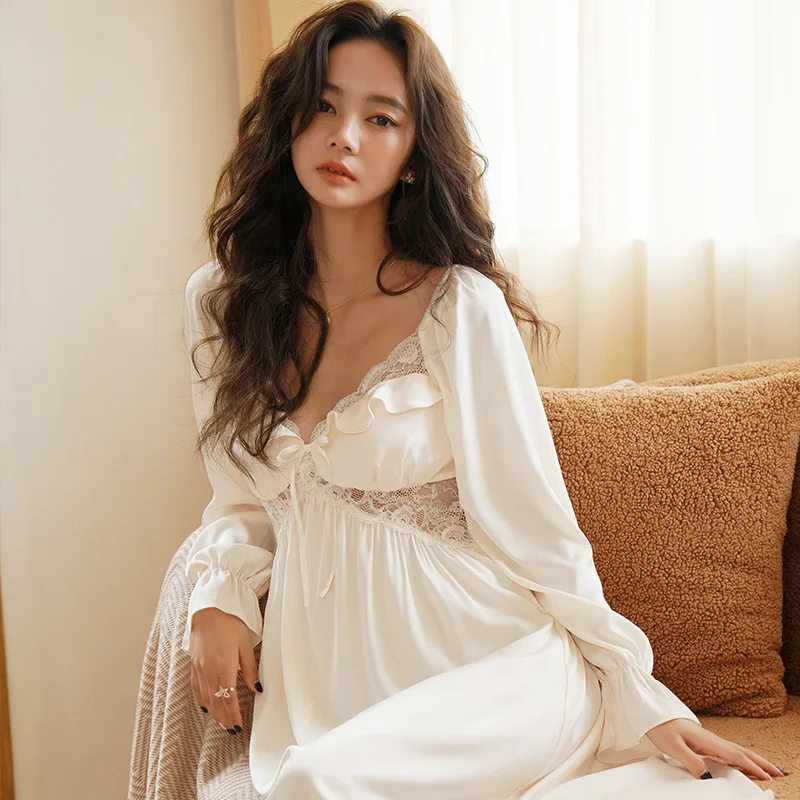 Vintage Princess Sleepwear Women Spring Summer Ice Silk Feel  Long Pajama Nightdress Fairy Ruffles Lace Victorian Nightgowns