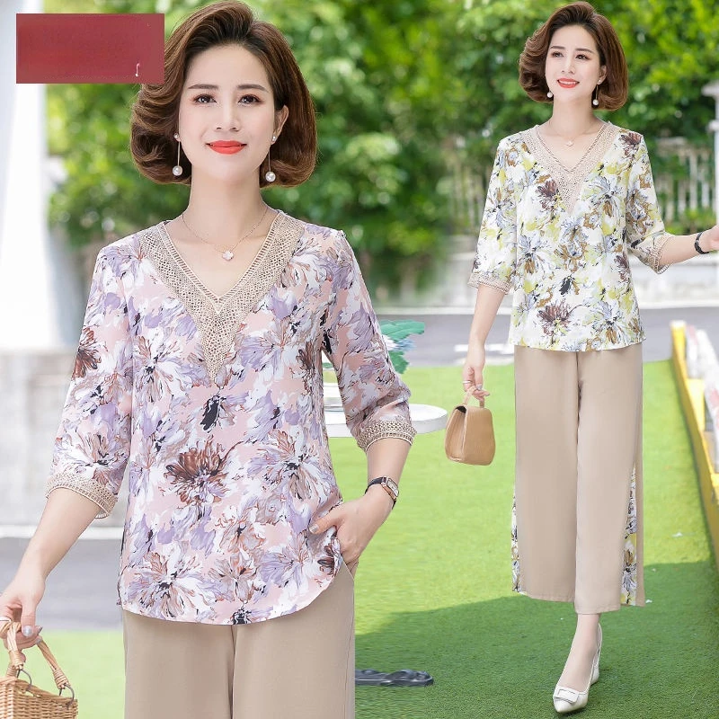 

Summer Clothing Women Short Sleeve Top and Wide Leg Pants Suits Casual Chiffon Two Piece Set Womens Outfits Plus Size 5XL J466