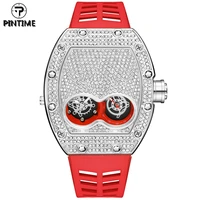 pintime original luxury full diamond iced out watch bling ed rose gold case red silicone quartz wristwatches male clock for men