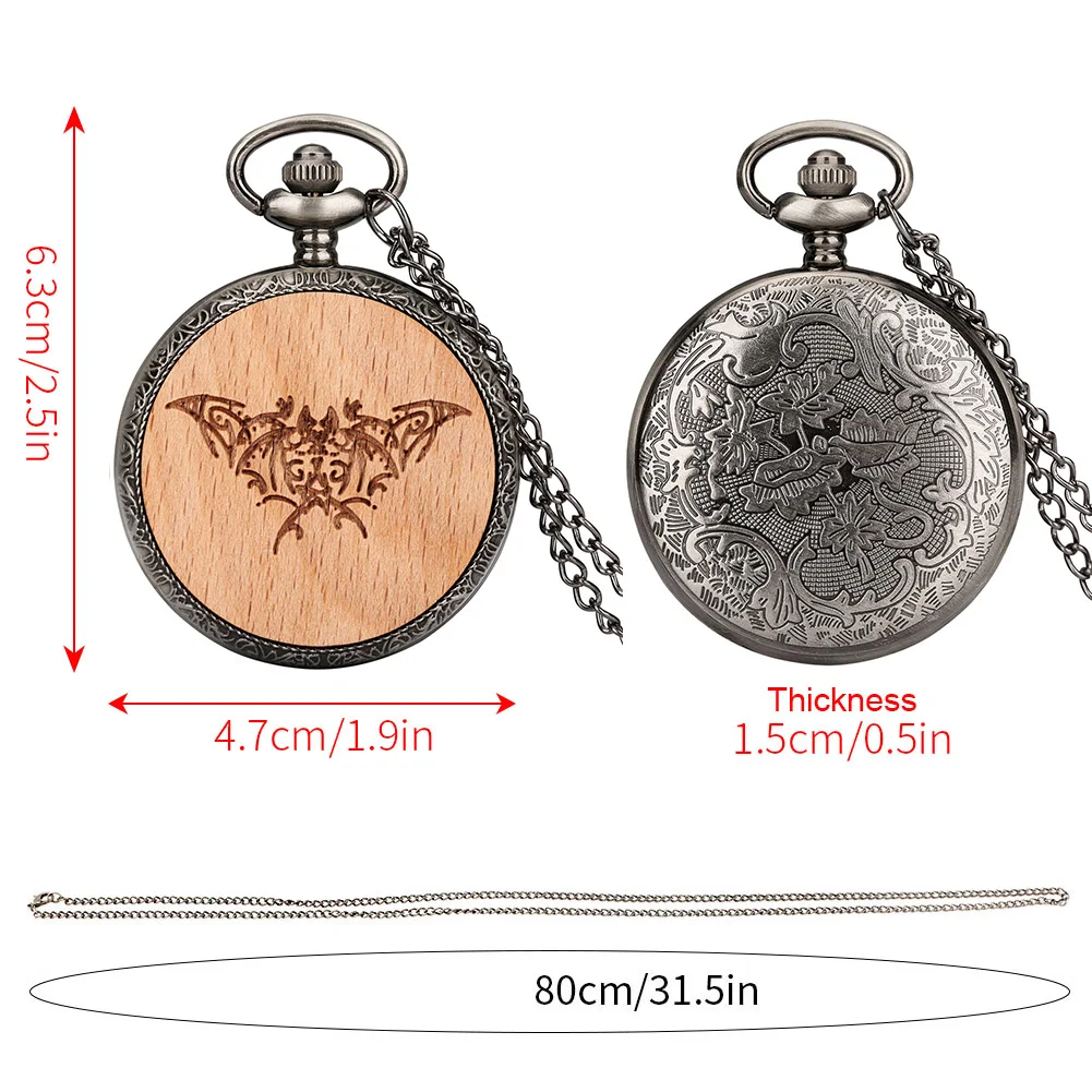 Pocket Watch Necklace Bat Engraved Wood Decorative Pendant Quartz Fob Watch for Men Women Creative Clock Gifts Relógio De Bolso