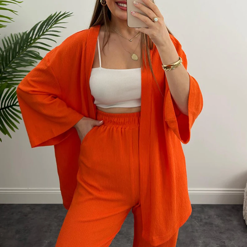 

Casual Long Sleeve Cardigan Long Pants Set Fashion Outfit Shirt Suit Solid Pleated Two Piece Set For Women 2023 Autumn Tracksuit