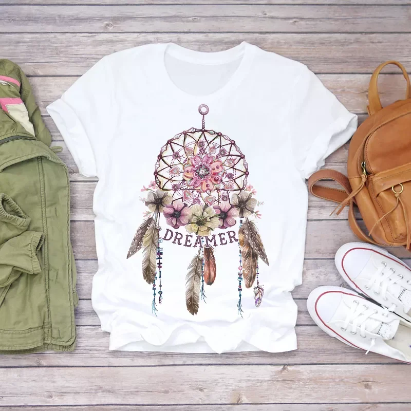 

T Shirt Dream Feather Print Summer Short Sleeve Fashion Lady T-Shirts Top Graphic Female T-Shirt Plue Size Funy Woman Tee