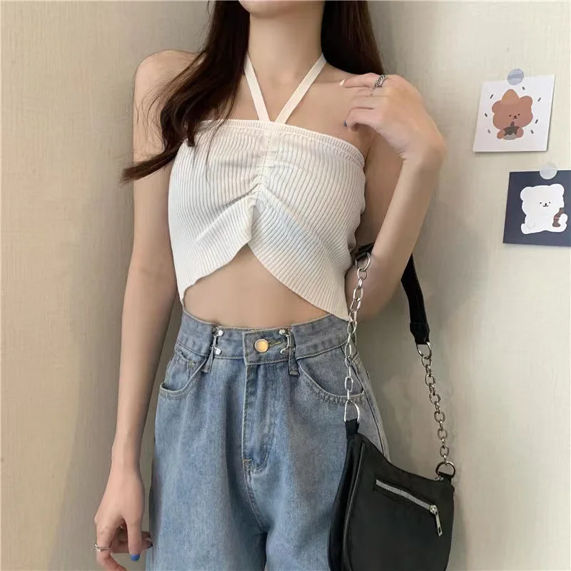 

Женский Короткий трикотажный топ на завязках, Летний Тонкий свитер с лямкой на шее