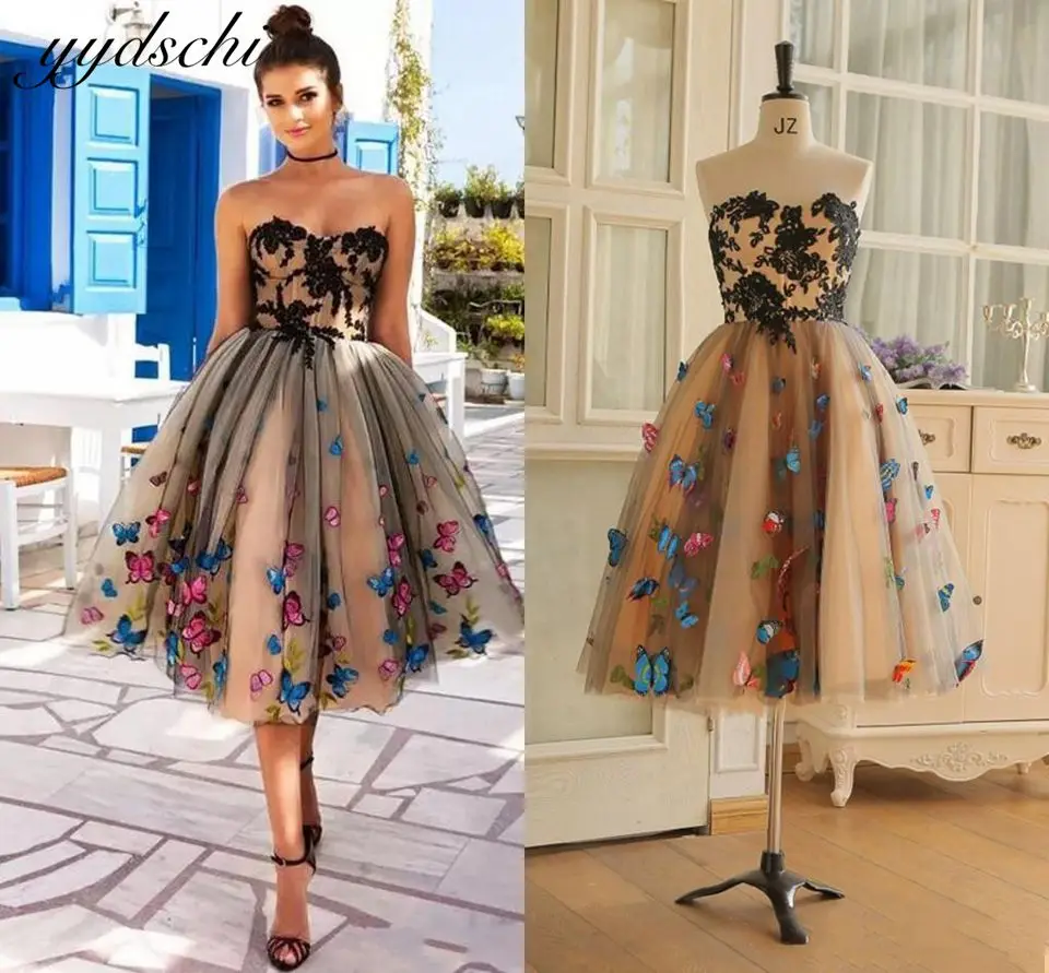 2022 Black and Champagne Tulle Short Prom Dresses Sweetheart Applique Party Gowns Tea Length Cocktail Dress Robes De Bal