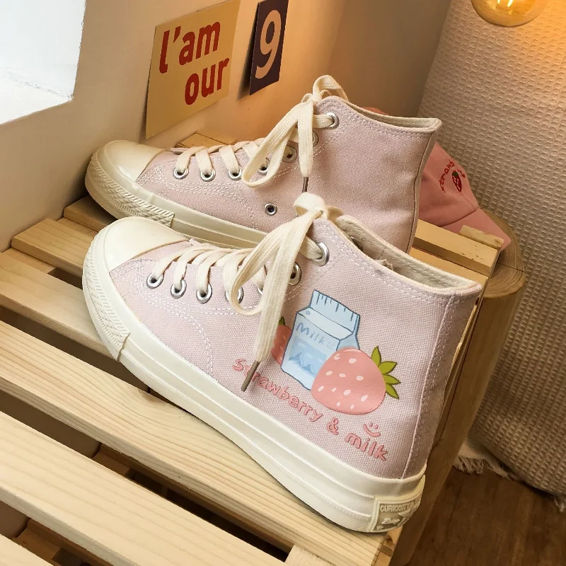 SHANPA Kawaii Strawberry Milk Print Shoes for Women Korean Fashion Student Winter High Top Canvas Casual Shoes Zapatillas Mujer