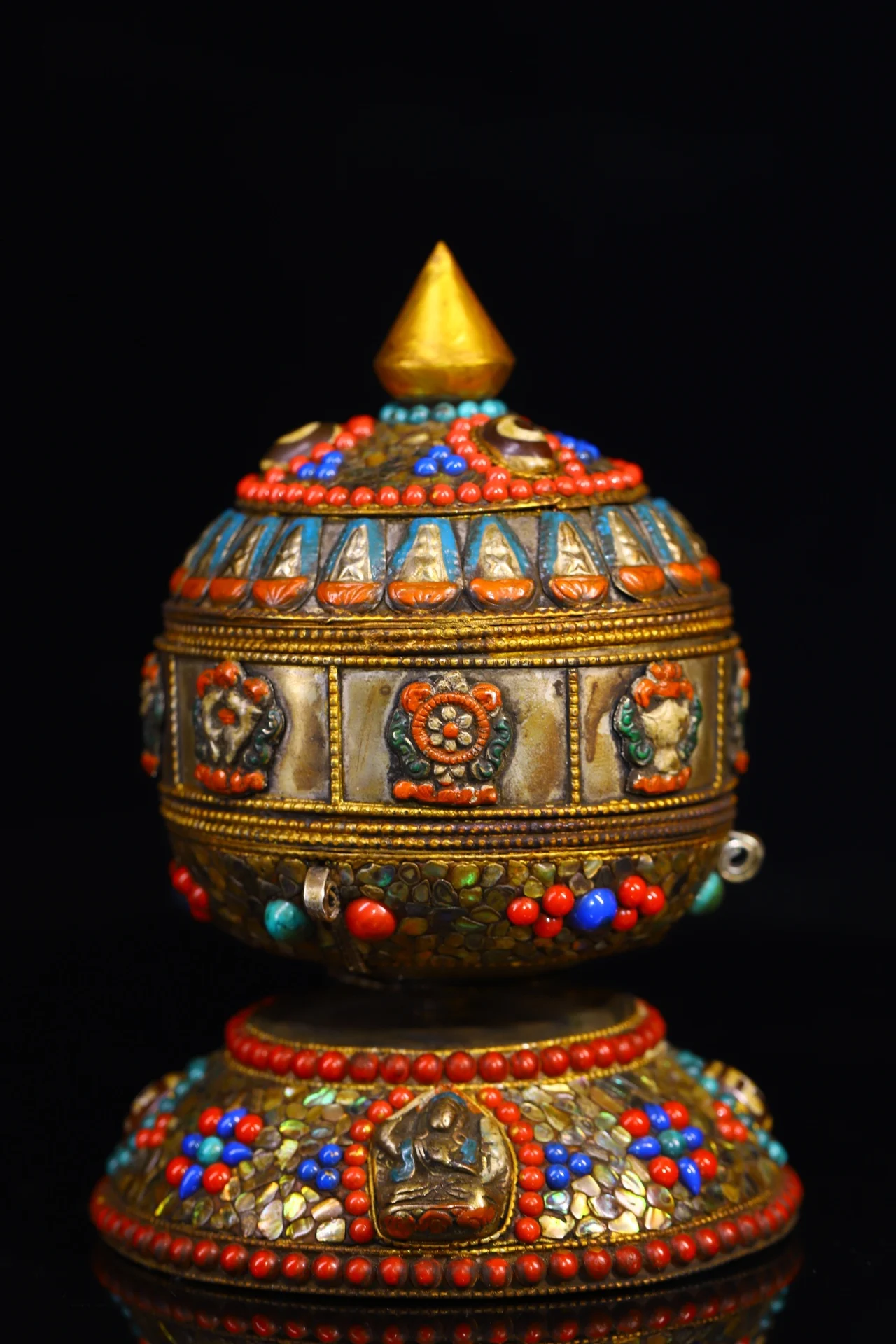 

Коллекция тибетских храмов 6 дюймов, старинная тибетская серебряная мозаика, драгоценный камень, ракушка, окрашенная благоприятными восемь сокровищ, Молитвенное Колесо манджури, Писание
