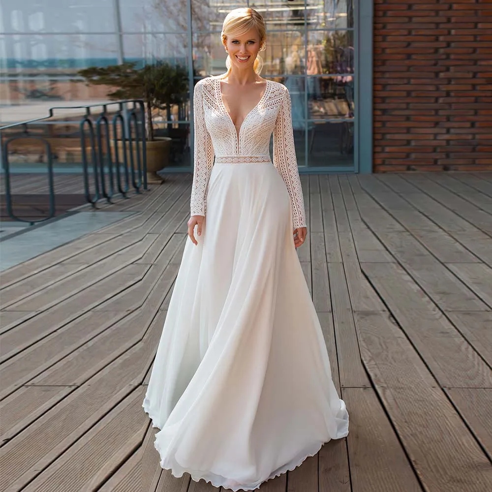 

Bohemian Bride Dresses 2022 New Sexy Deep V-Neck Cut-Out Long Sleeve Bridal Gown A-Line Lace Chiffon Button Wedding Dress Custom