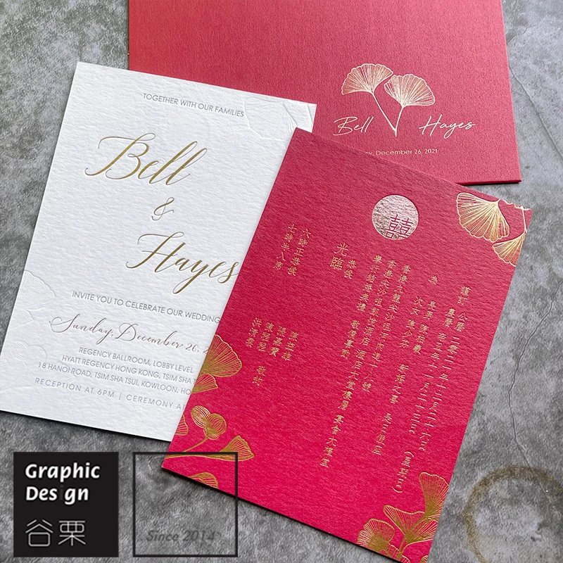 

Cotton Paper Full Color Printing High Grade Red Letterpress Foil Wedding Invitations Customized Design Thick