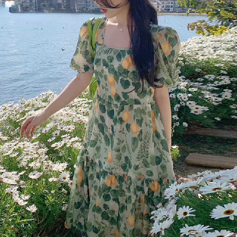 

Summer Green Autumn Dress Elegant Women Print Floral Casual Dress Vintage Bandage Hollow Slim Mid-Calf Female Dresses New