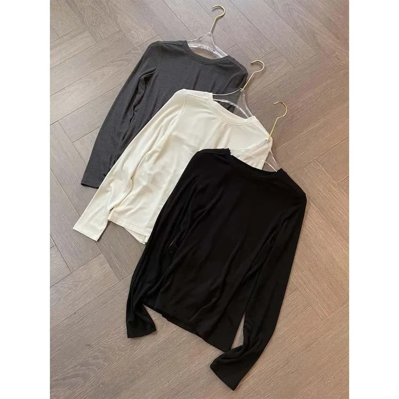 TR Wool Silk T-Shirt Round Neck Long Sleeve Autumn/Winter Straight-Leg Slims Women's Clothing Soft Comfortable Crew Top |