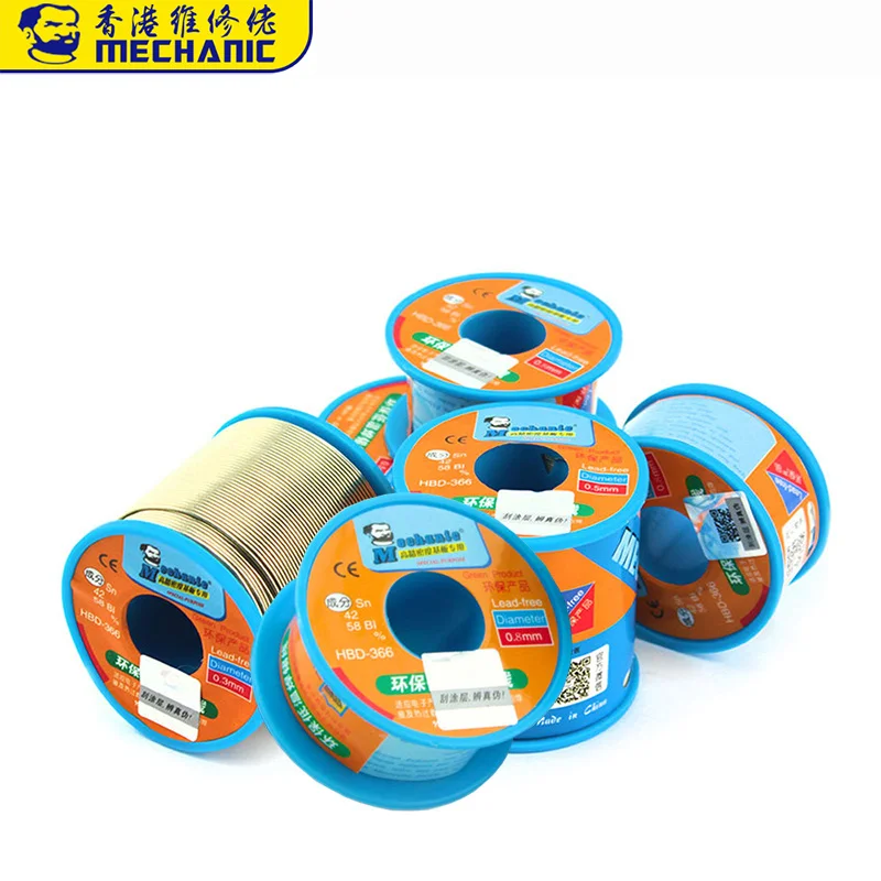 

400g MECHANIC HBD-366 0,3/0,4/0,5/0,6/0,8 мм, безсвинцовый сердечник с канифолью, 210 градусов по Цельсию, припой в виде провода, флюс
