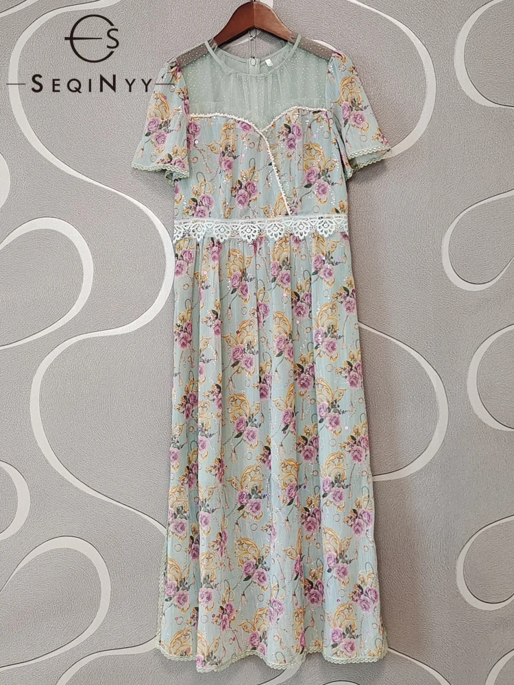 

SEQINYY Light Blue Dress Summer Spring New Fashion Design Women Runway High Street Purple Flowers Print A-Line Lace Dot Mesh