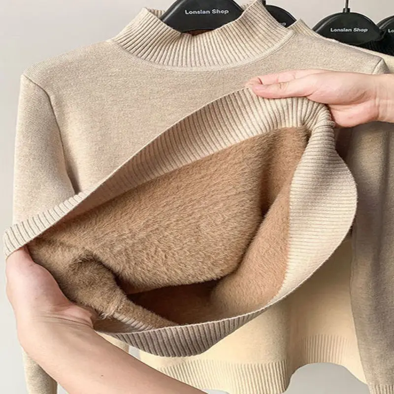 

Turtleneck Slim Thicken Plus Velvet Sweater Woman Stretch Winter Knitted Pullovers Female Casual Fleece Lined Warm Knitwear Tops