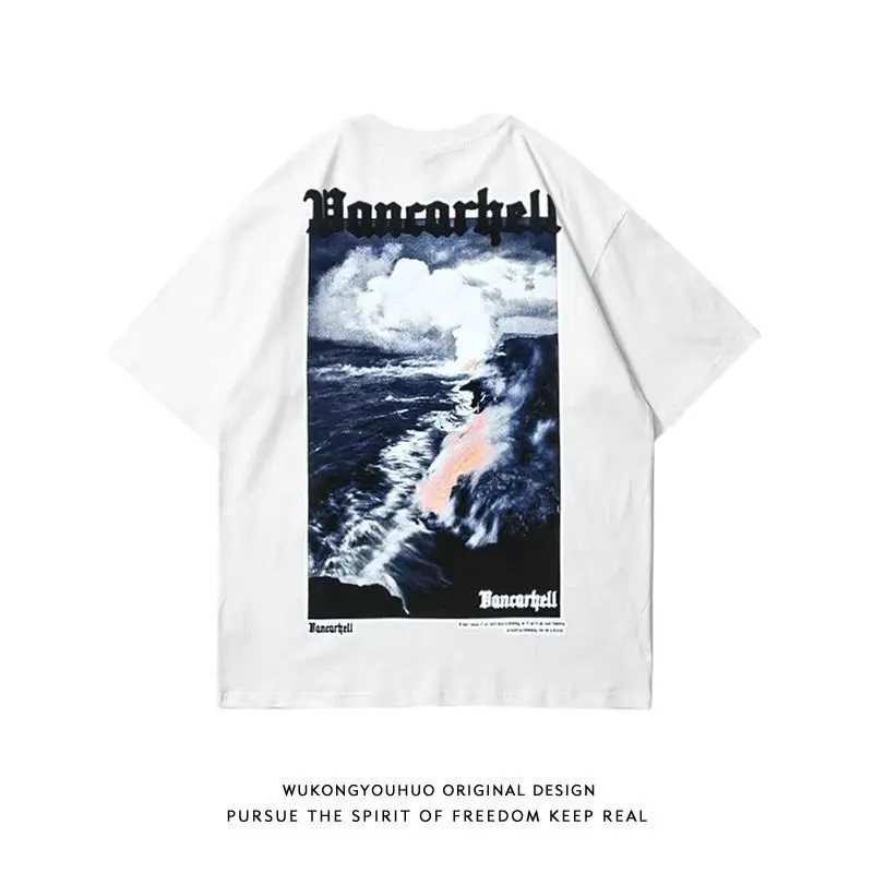 

American Streetwear Tshirt Short Sleeve Cotton Vintage Graphic Men Tops Hip-hop Tees Fashion Blue Male Clothing