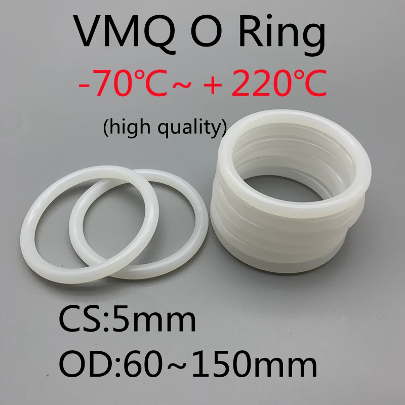 

10Pcs VMQ O Ring Seal Gasket CS 5mm OD 60 ~ 150mm Silicone Rubber Insulated Waterproof Washer Round Shape White Nontoxi