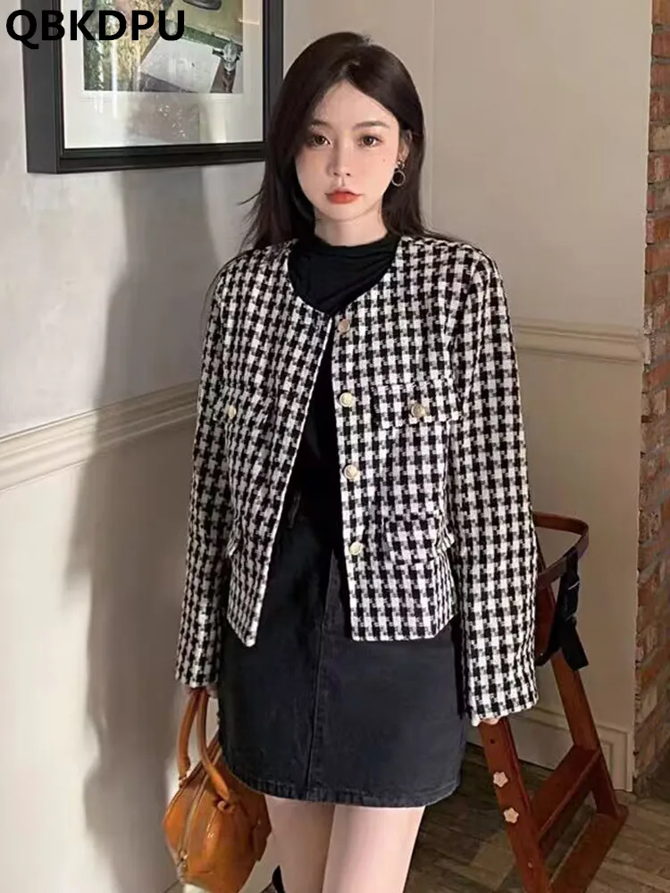 

Классическая Клетчатая Шерстяная Куртка, женское повседневное корейское приталенное шерстяное пальто, новинка 2023, Модные Винтажные весенн...
