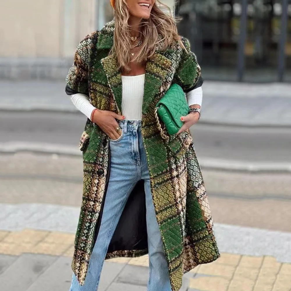 

Mandylandy Women Autumn Winter Plaid Jacket Long Coat Fashion Female Casual Long Sleeve Lapel Collar Single Breasted Outwear