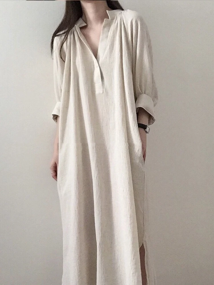 

Summer New Loose Ladies Dress Solid Color Simple Cotton and Linen Shirt Dress Mid-length V-neck Over-the-knee Casual Dress