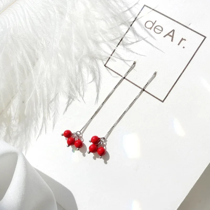 Long Bean Red Cherry Stud Earrings Korean Style Tassel Drop For Women Students Fashion Jewelry Hoop