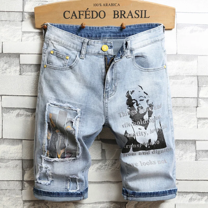 Quick Transport Light Blue Figure Art Print Men's Comfortable Denim Shorts Summer Youth Essential Fashion Slim Fit Denim Shorts