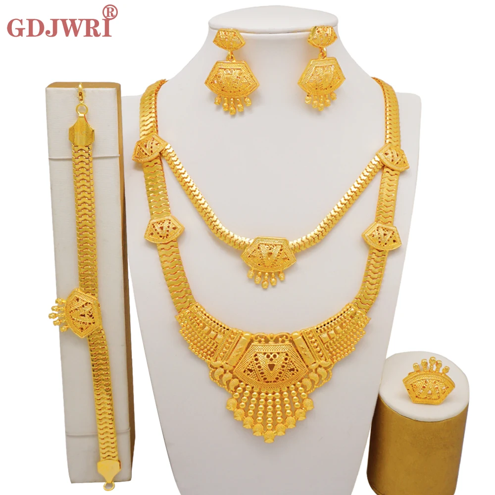 

Dubai Indian Gold Color Necklace Bracelet Earrings Ring Jewelry Sets For Women Ethiopian Nigerian Bridal Wedding Jewellery Gifts