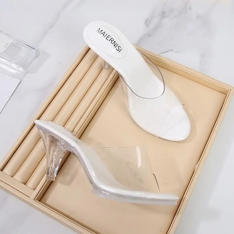 Xibeilove 2023 Summer New Fashion Simple Transparent PVC Crystal Women's High Heel Slippers Party Wedding Large Size Shoes