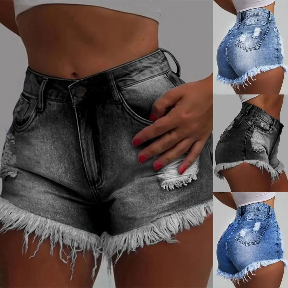 

High Waist Pockets Button Women Shorts Tassle Ripped Holes Denim Shorts Streetwear