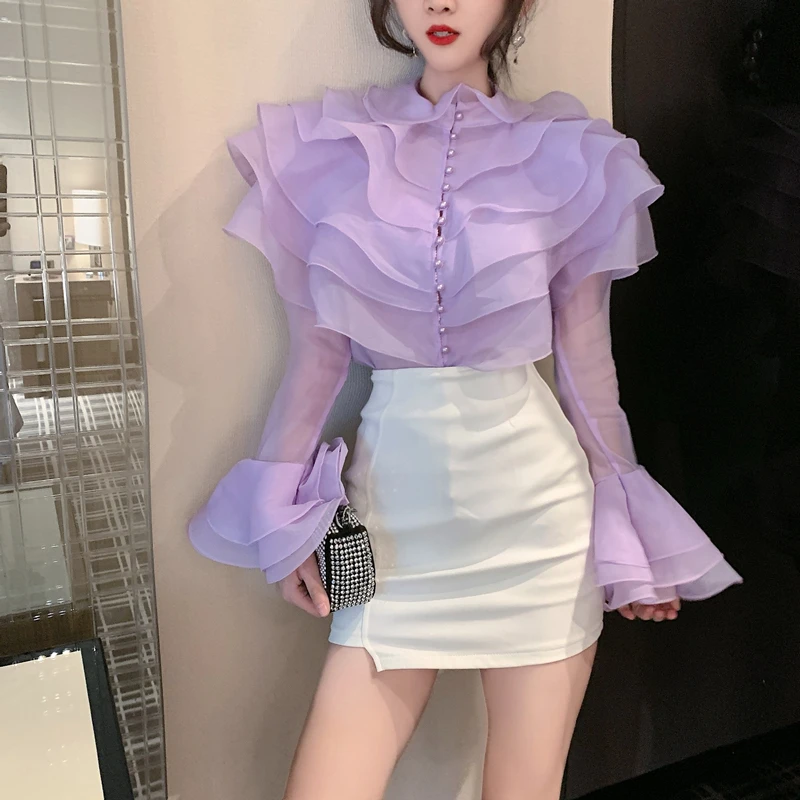 

Women Shirt 2022 Spring Summer French Palace Style Ladies Super Fairy Layered Ruffled Organza Flared Sleeve Blouses