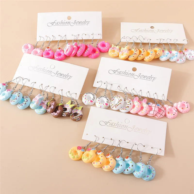 New In Mixed 10pcs Cute Sweet Donut Earring Set Lovely Resin Simulation Food Dangle Earrings for Woman Kids Jewelry Set Gifts