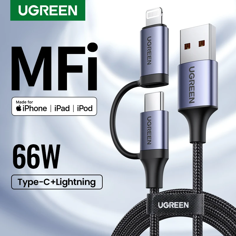 

Кабель UGREEN 2 в 1 USB Type-C для iPhone 14, 13, 12, 11 Pro Max, 66 Вт, кабель для быстрой зарядки для Samsung, Xiaomi, телефонный кабель Lightning