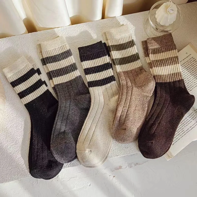 

5PC Striped in autumn and winter children's middle tube thickened stockings warm ins wear out of the tide cute socks harajuku