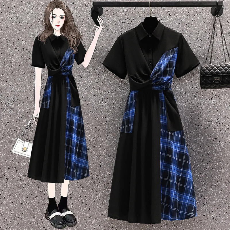 

Elegant Slim Dress For Women Plaid Stitching Cross Designs Double Pockets Shirt Dresses 2022 Summer New Black Robe L-4XL