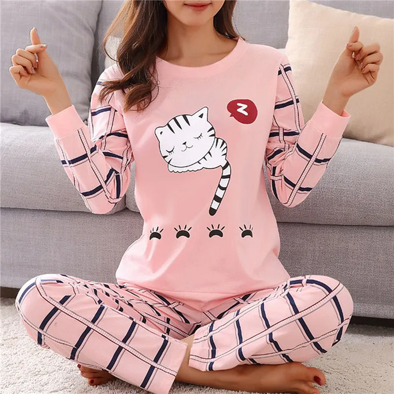 

Весенняя Милая пижама с принтом мультяшного кота, комплект из двух предметов, Женская пижама с длинным рукавом, нижнее белье, женские пижамные комплекты