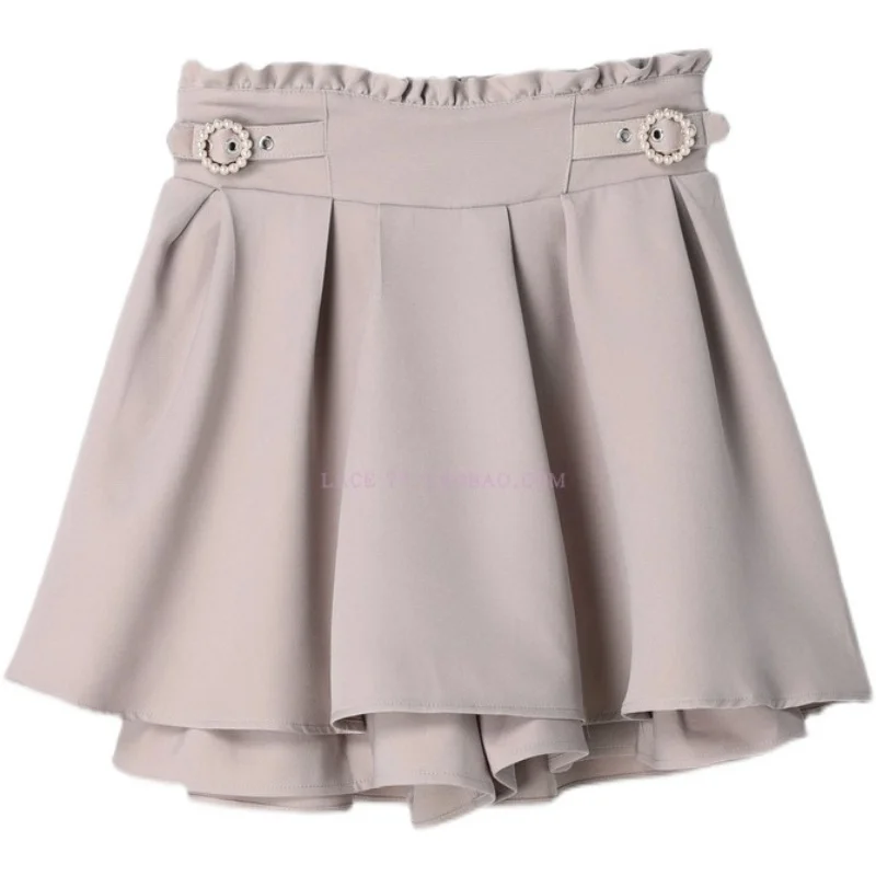 Solid Color Pearl Buckle Waist-Tight Shorts Skirt for Lady Ruffled High Waist Skirt Fashion Japanese Style Summer Women's Skirts