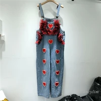 love bead stitching mesh ruffles jeans for women shoulder strap pants 2022 summer street younger denim suspender overalls