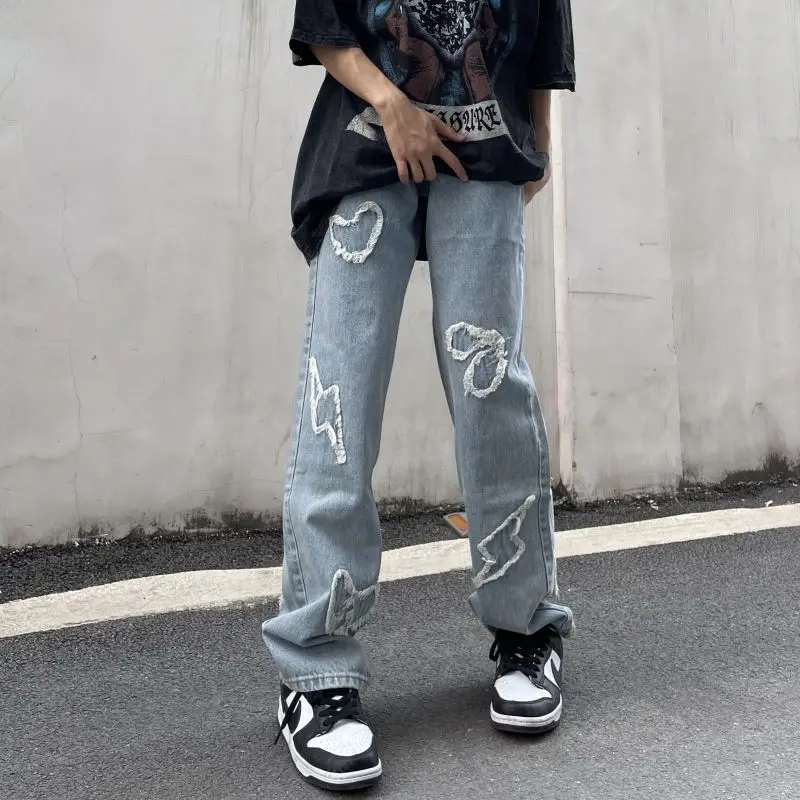 

New High Street Embroidery Retro Vibe Fringe Jeans Pants Men and Women Straight Oversize Straight Casual Baggy Denim Trousers