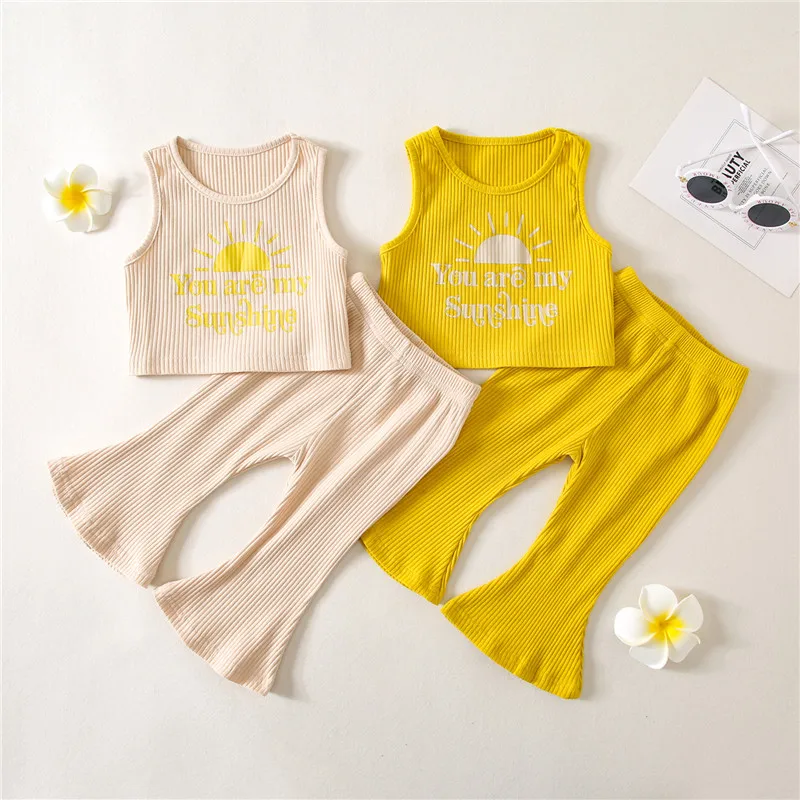 

1-4 Years Kid Girl Summer Clothes Set Letter Printed Sleeveless Crew Neck Tank Tops Elastic Waist Flare Pants Set Girls Outfits