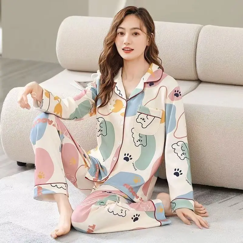 Cotton Pajamas Women Summer Long-sleeved Trousers Two-piece Suit Women's Satin Loose Printed Home Wear Casual Fashion Pajamas