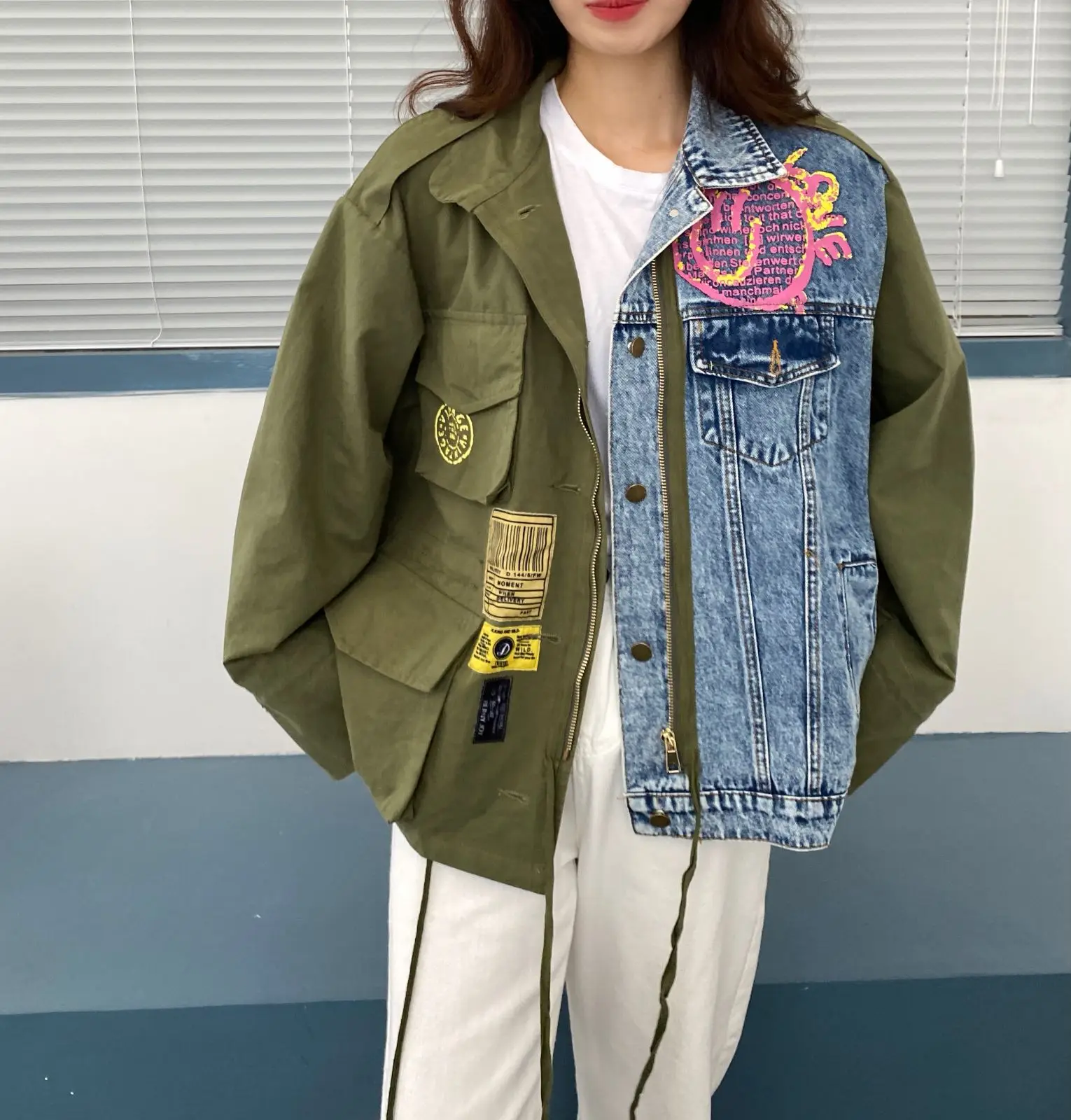 

French Retro Denim Clothing: 2023 Autumn Crew Neck Long Sleeve Irregular Stitching Coat