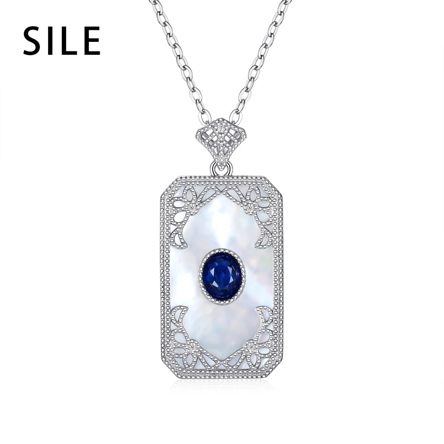 

SILE 0.55 CT Sapphire Necklace 4*5MM Natural Gemstone Square Pendant Neck Chain 925 Silver Clavicle Chains Wedding Party Jewelry