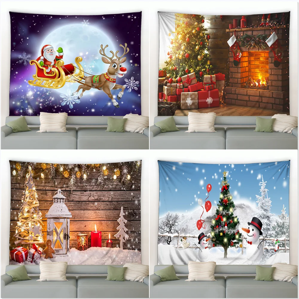 

Home Decor Christmas Snowman Santa Fireplace Winter Night Christmas Tree Print Decorative Tapestry 230x180cm tapiz