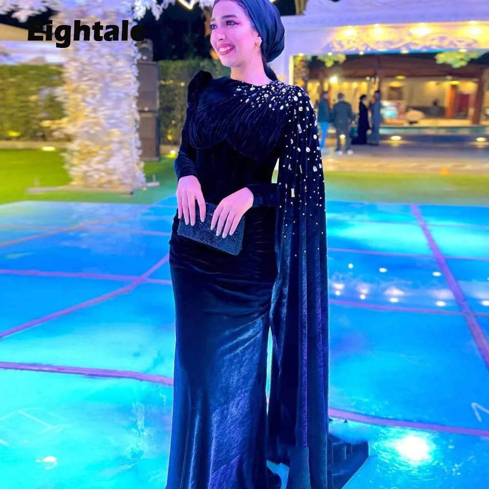 

Eightale Muslim Evening Dress for Wedding Party O-Neck Beaded Crystals Blue Long Sleeves Mermaid Slit Velvet Arabic Prom Gowns