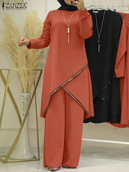 ZANZEA Fashion Urban Tracksuit Muslim Women Long Sleeve Blouse Abaya Suits Sequins Islamic Clothing Loose Matching Sets 2PCS 1