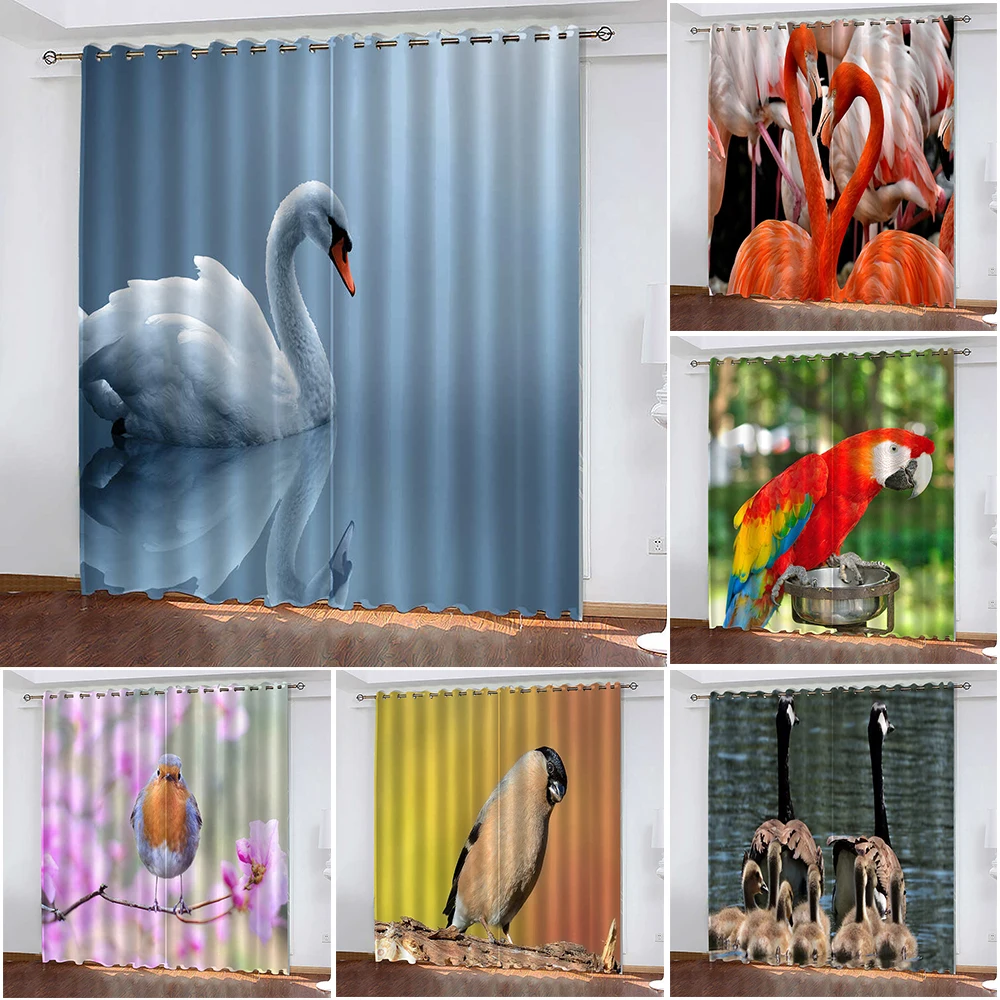 

White Swan 3D Printing Household Curtains Parrot Flamingo Girl Bedroom Decoration Blackout Curtains for Living Room Luxury