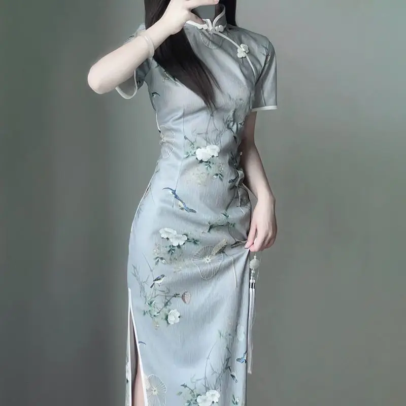 Женское платье-Ципао с коротким рукавом и воротником-стойкой в китайском стиле