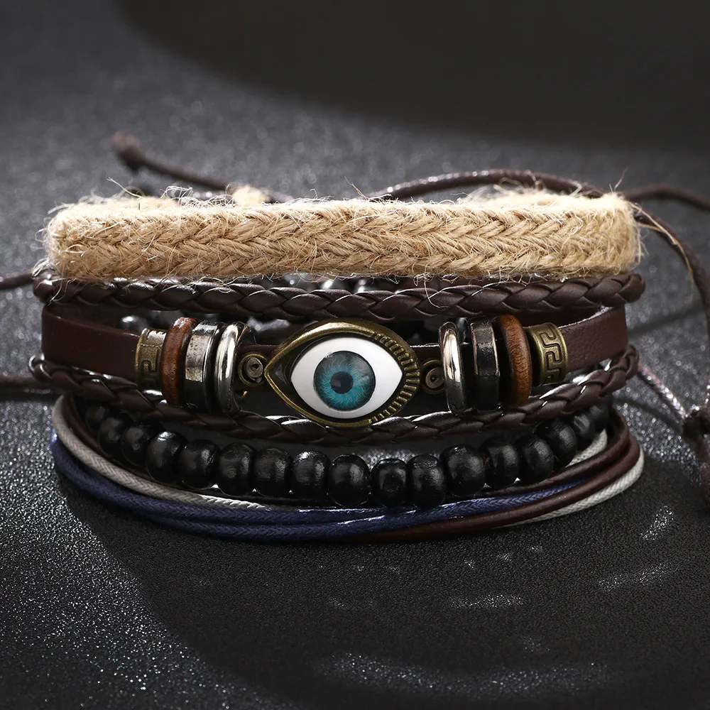 

Charmsmic Multilayer Evil Eye Pendant Bracelet Sets DIY Woven Twisted Adjustable Mens PU Leather Broncos New Year Gifts
