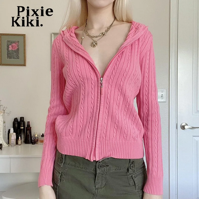 

PixieKiki Y2k Pink Knitted Cardigan Women Clothing Autumn Winter Casual Sweater Hooded Zip Up Jackets Long Sleeve Top P67-CI32