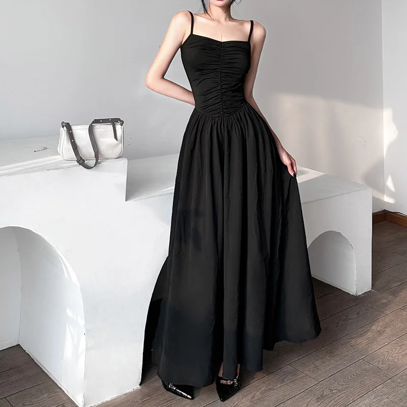 

PASSIONNÉ Black Dress Female Suspender Slim Folds Split Long Dresses for Women Elegant Fashion 2023 Summer New