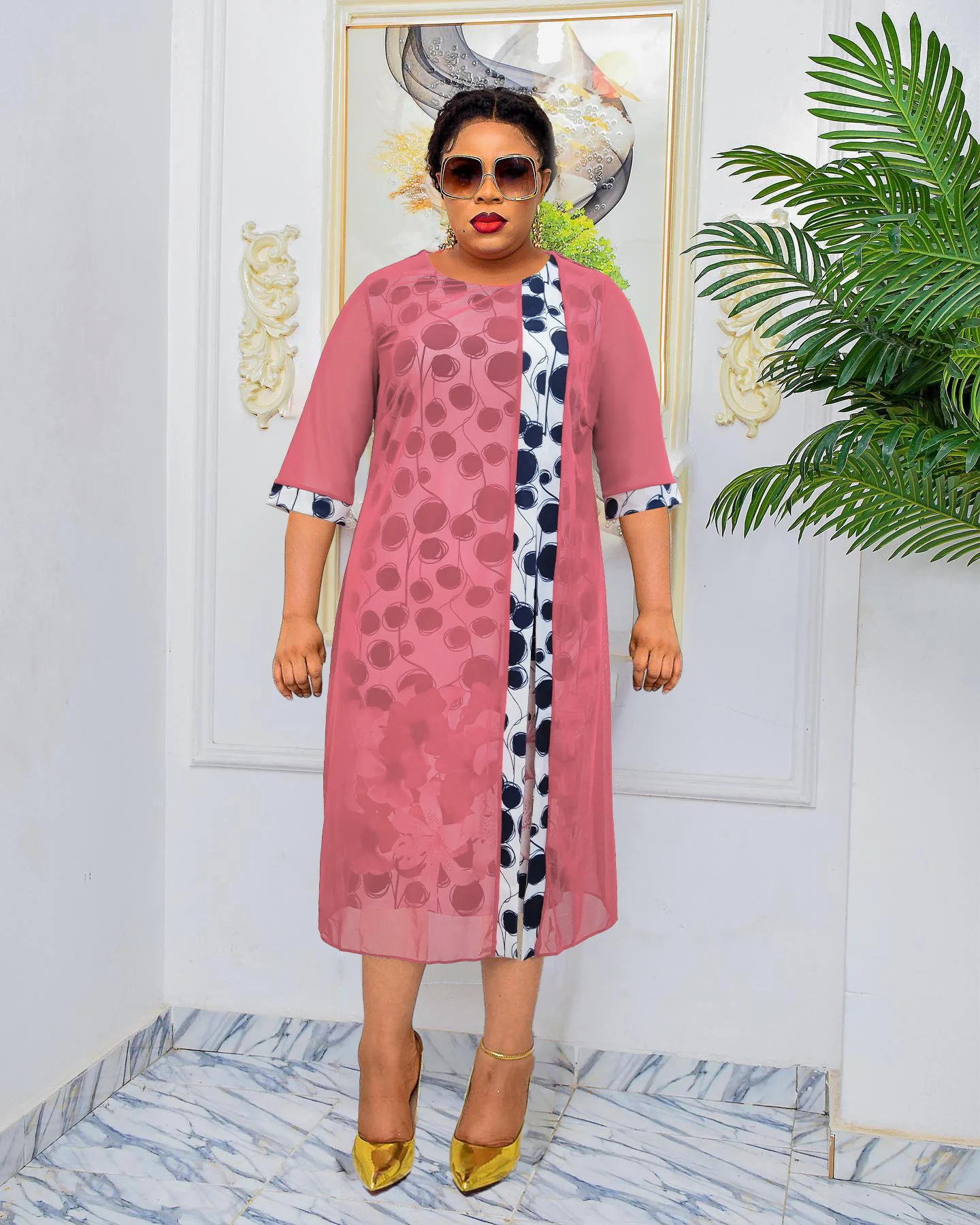 Plus Size Dresses 2023 Place Make Two Piece Patchwork Printed Large Dress Round Neck Lady Elegant Casual Female Clothes